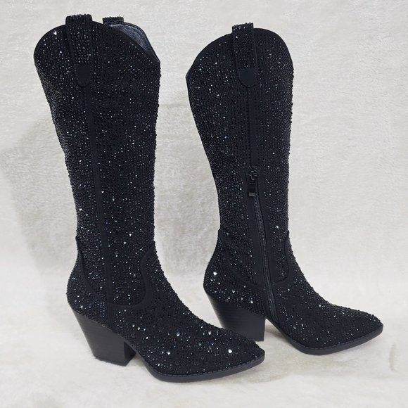 Country Glow Black Rhinestone Glitter Disco Cowgirl Western Knee Boots
